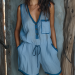 ElevenOra Chic Casual Blue V-Neck Crinkle Cotton Blend Contrast Trim Button-Front Patch Pockets Sleeveless Elastic-Waist Romper
