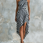 ElevenOra Chic Elegant Black-White Stripe One-Shoulder Sleeveless  Asymmetric Handkerchief Hem Chiffon Midi Dress