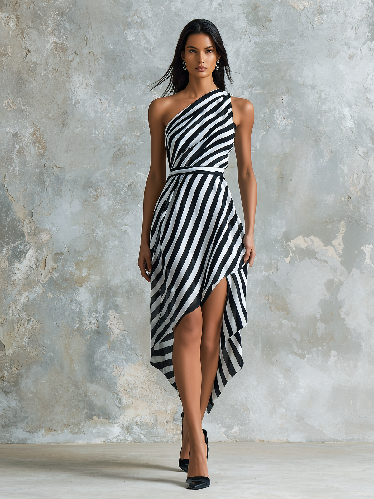 ElevenOra Chic Elegant Black-White Stripe One-Shoulder Sleeveless  Asymmetric Handkerchief Hem Chiffon Midi Dress