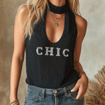 ElevenOra Chic Elegant Black Round-Neck Sleeveless Cutout Detail Letter Jacquard Slim-Fit Knit Vest Top