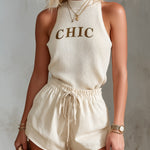 ElevenOra Chic Elegant Beige Round-Neck Sleeveless Letter Jacquard Knit Vest Cotton Blend Drawstring-Waist Shorts Two-Piece Set