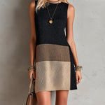 ElevenOra Chic Elegant Black-Brown Colorblock Round-Neck Sleeveless Loose-Fit A-Line Knit Mini Dress