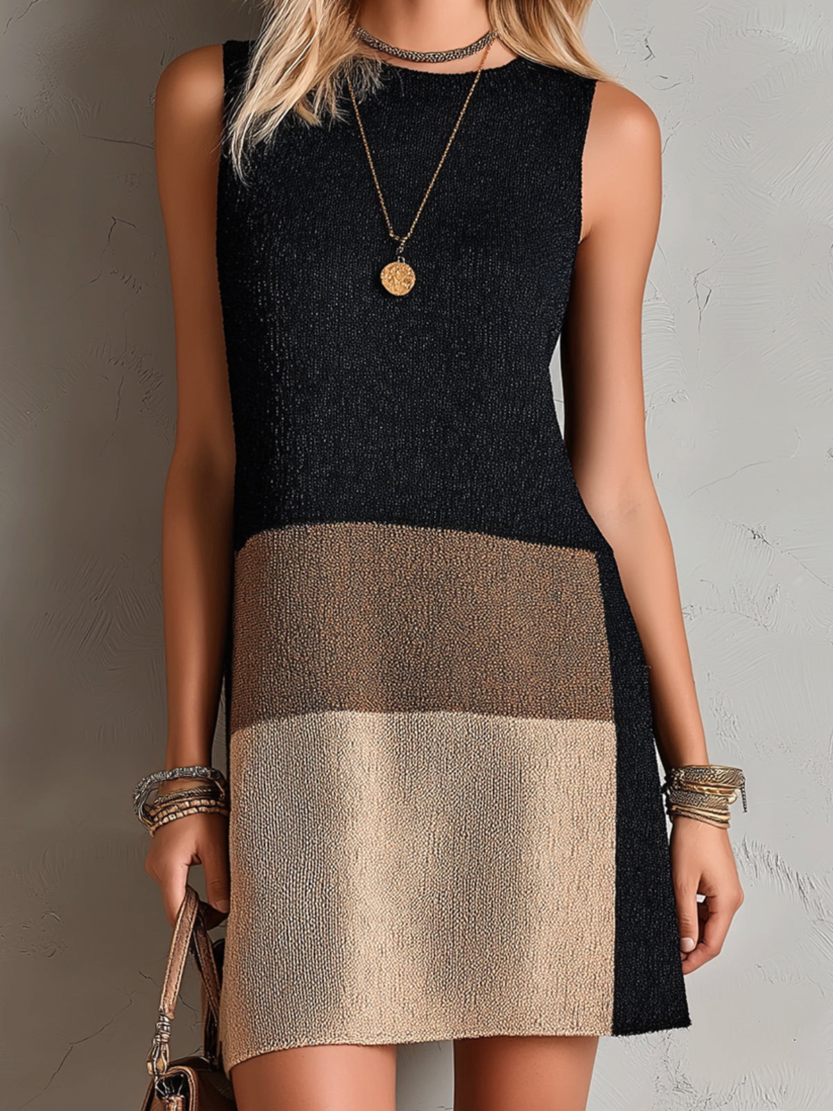 ElevenOra Chic Elegant Black-Brown Colorblock Round-Neck Sleeveless Loose-Fit A-Line Knit Mini Dress