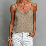 ElevenOra Chic Elegant Beige Spaghetti-Strap V-Neck Green Trimming Detail Loose-Fit Knit Camisole