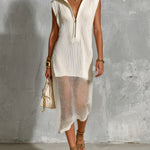 ElevenOra Chic Elegant Cream White Zipper-Up Lapel Collar Sleeveless Mesh Hem Detail Loose-Fit Knit Midi Dress