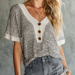 ElevenOra Chic Elegant Black-White Pinstripe Button-Up V-Neck Short-Sleeve Loose-Fit Knit Sweater