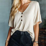 ElevenOra Chic Elegant Cream White Button-Up V-Neck Short-Sleeve Loose-Fit Waffle Knit Sweater