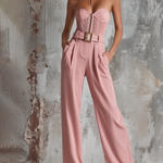 ElevenOra Chic Elegant Blush Pink Bustier Sweetheart Neck Zipper-Up Pleated Belted Waist Triacetate Blend Wide-Leg Jumpsuit