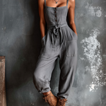 ElevenOra Chic Elegant Grey Washed Cotton-Linen Blend Straps Square Neck Button-Front Waist Belt Straight-Leg Jumpsuit