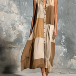 ElevenOra Chic Casual Camel Colorblock Stand-Collar Single-Breasted Sleeveless Loose-Fit A-Line Cotton-Linen Blend Mini Dress
