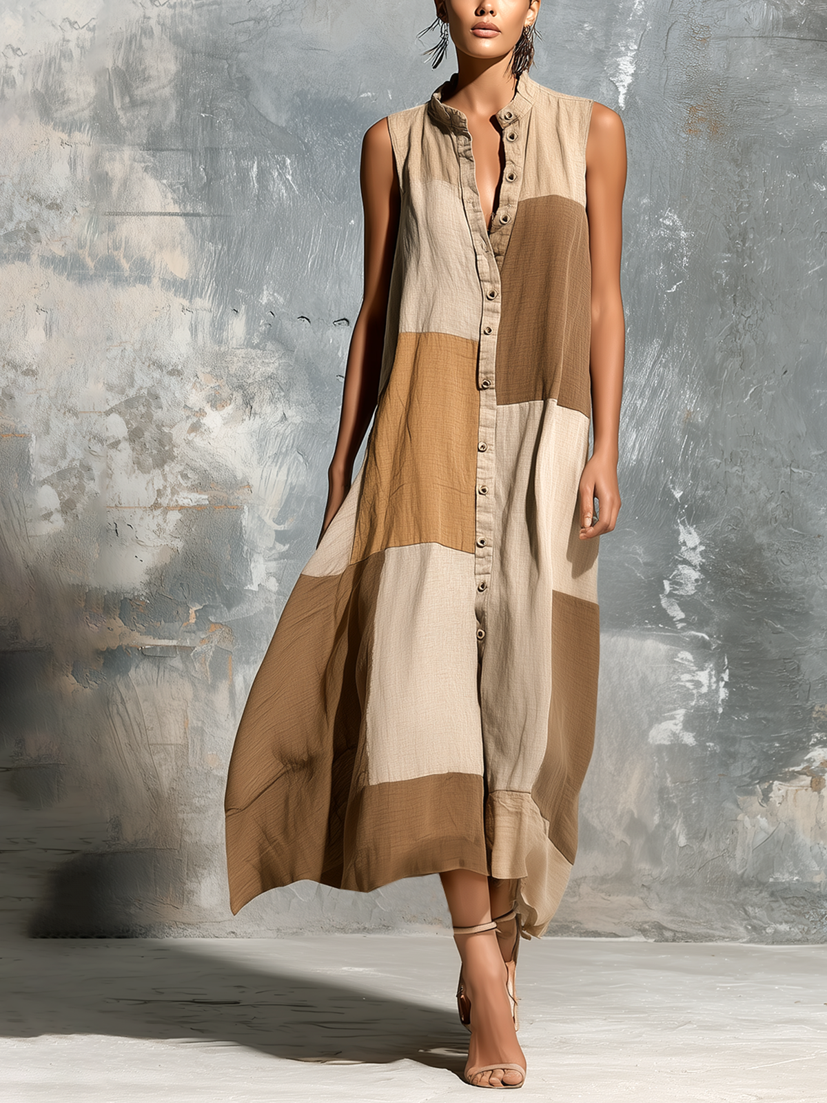 ElevenOra Chic Casual Camel Colorblock Stand-Collar Single-Breasted Sleeveless Loose-Fit A-Line Cotton-Linen Blend Mini Dress
