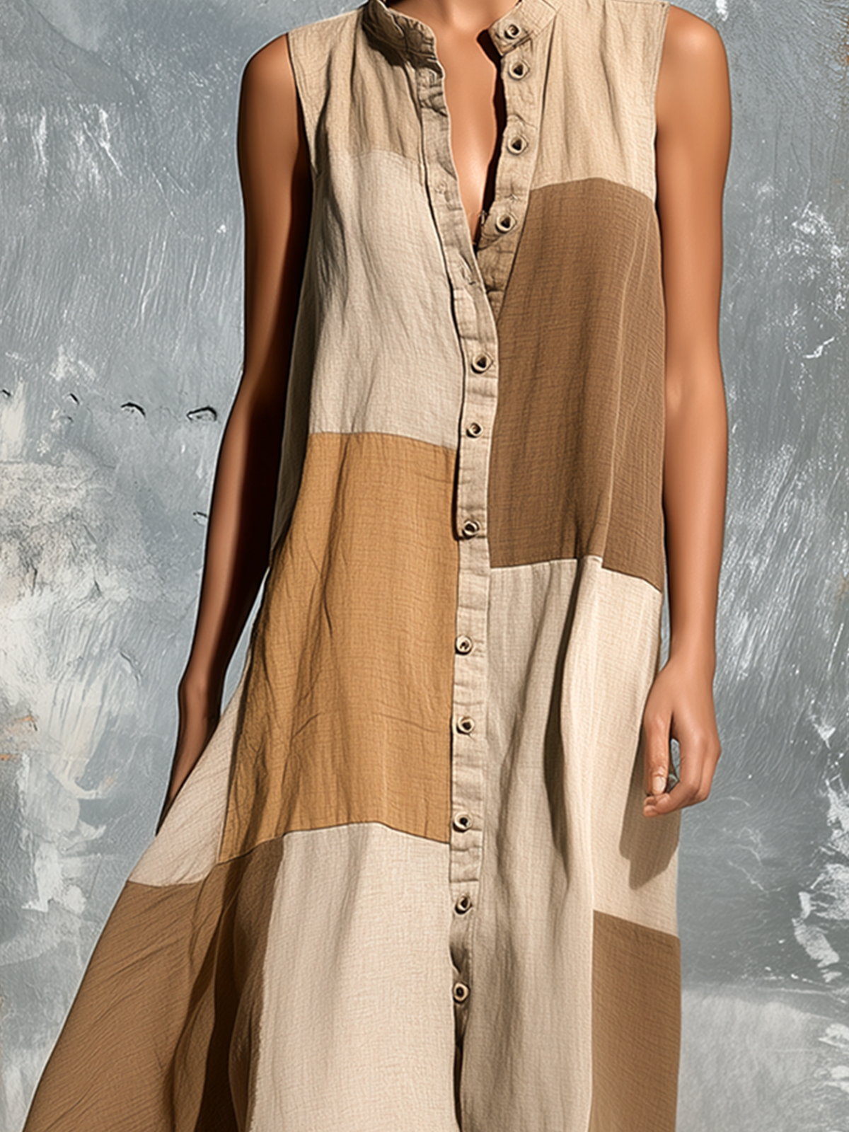 ElevenOra Chic Casual Camel Colorblock Stand-Collar Single-Breasted Sleeveless Loose-Fit A-Line Cotton-Linen Blend Mini Dress