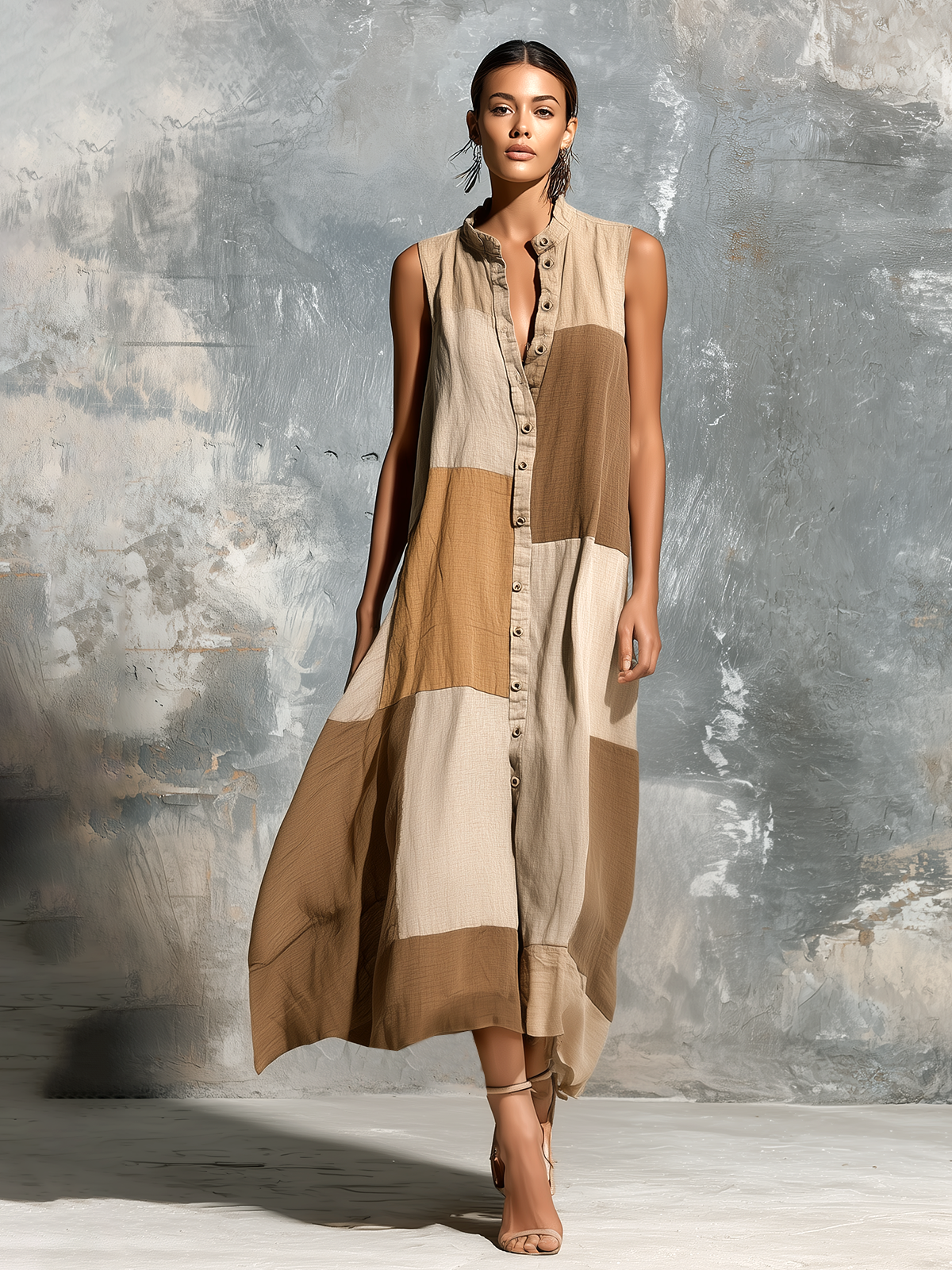 ElevenOra Chic Casual Camel Colorblock Stand-Collar Single-Breasted Sleeveless Loose-Fit A-Line Cotton-Linen Blend Mini Dress