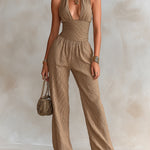 ElevenOra Chic Elegant Camel Rib Cotton Blend Mock-Neck Cutout-Detail Sleeveless Tailored-Waist Wide-Leg Jumpsuit
