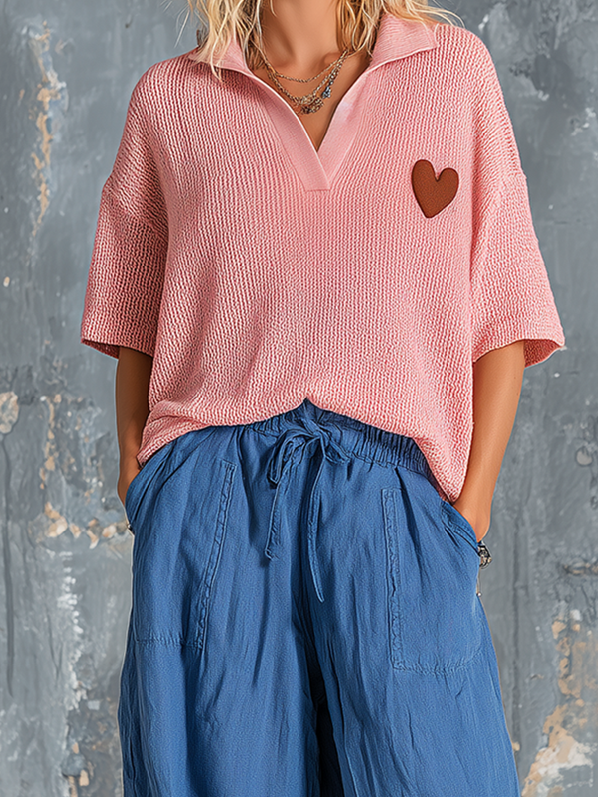 ElevenOra Chic Casual Pink Lapel V-Neck Heart Embroidery Short-Sleeve Sweater Top Blue Loose-Fit Cotton-Linen Wide-Leg Pants Two-Piece Set