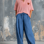 ElevenOra Chic Casual Pink Lapel V-Neck Heart Embroidery Short-Sleeve Sweater Top Blue Loose-Fit Cotton-Linen Wide-Leg Pants Two-Piece Set