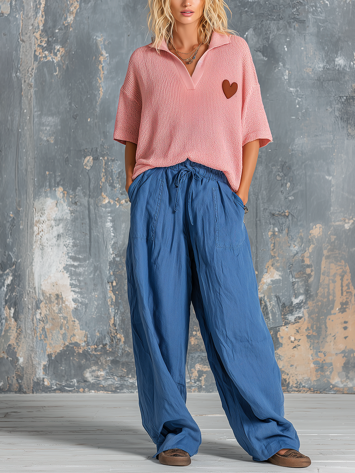 ElevenOra Chic Casual Pink Lapel V-Neck Heart Embroidery Short-Sleeve Sweater Top Blue Loose-Fit Cotton-Linen Wide-Leg Pants Two-Piece Set