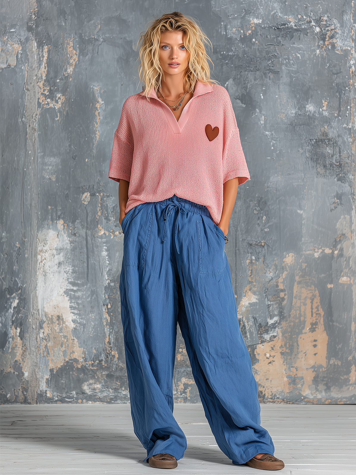 ElevenOra Chic Casual Pink Lapel V-Neck Heart Embroidery Short-Sleeve Sweater Top Blue Loose-Fit Cotton-Linen Wide-Leg Pants Two-Piece Set