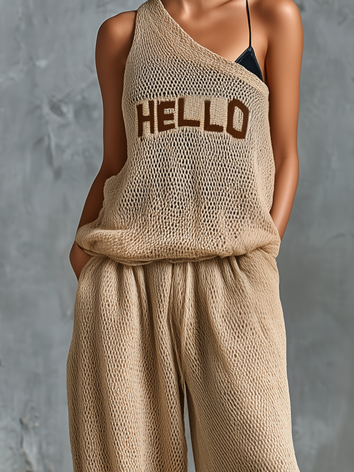 ElevenOra Chic Casual Beige One-Shoulder Letter Embroidery Sleeveless Knit Vest Top Loose-Fit Mesh Wide-Leg Pants Two-Piece Set