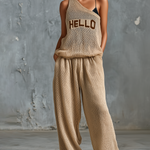 ElevenOra Chic Casual Beige One-Shoulder Letter Embroidery Sleeveless Knit Vest Top Loose-Fit Mesh Wide-Leg Pants Two-Piece Set