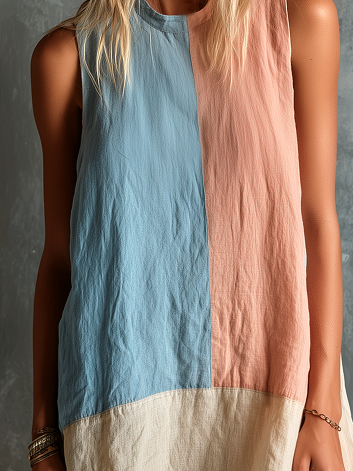 ElevenOra Chic Casual Pink-Blue Colorblock Round-Neck Sleeveless Loose-Fit Cotton-Linen Blend Mini Dress