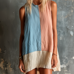 ElevenOra Chic Casual Pink-Blue Colorblock Round-Neck Sleeveless Loose-Fit Cotton-Linen Blend Mini Dress