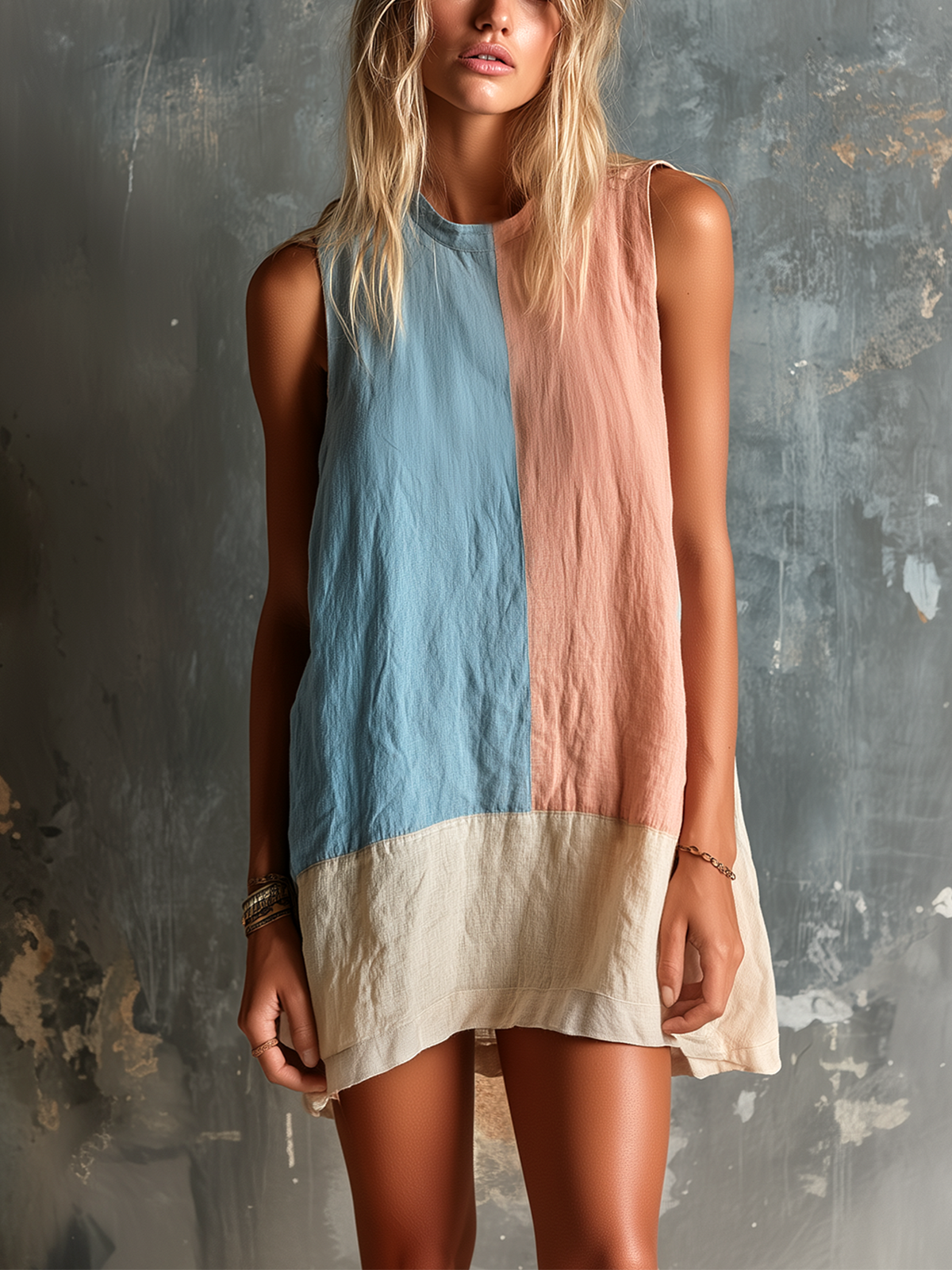 ElevenOra Chic Casual Pink-Blue Colorblock Round-Neck Sleeveless Loose-Fit Cotton-Linen Blend Mini Dress