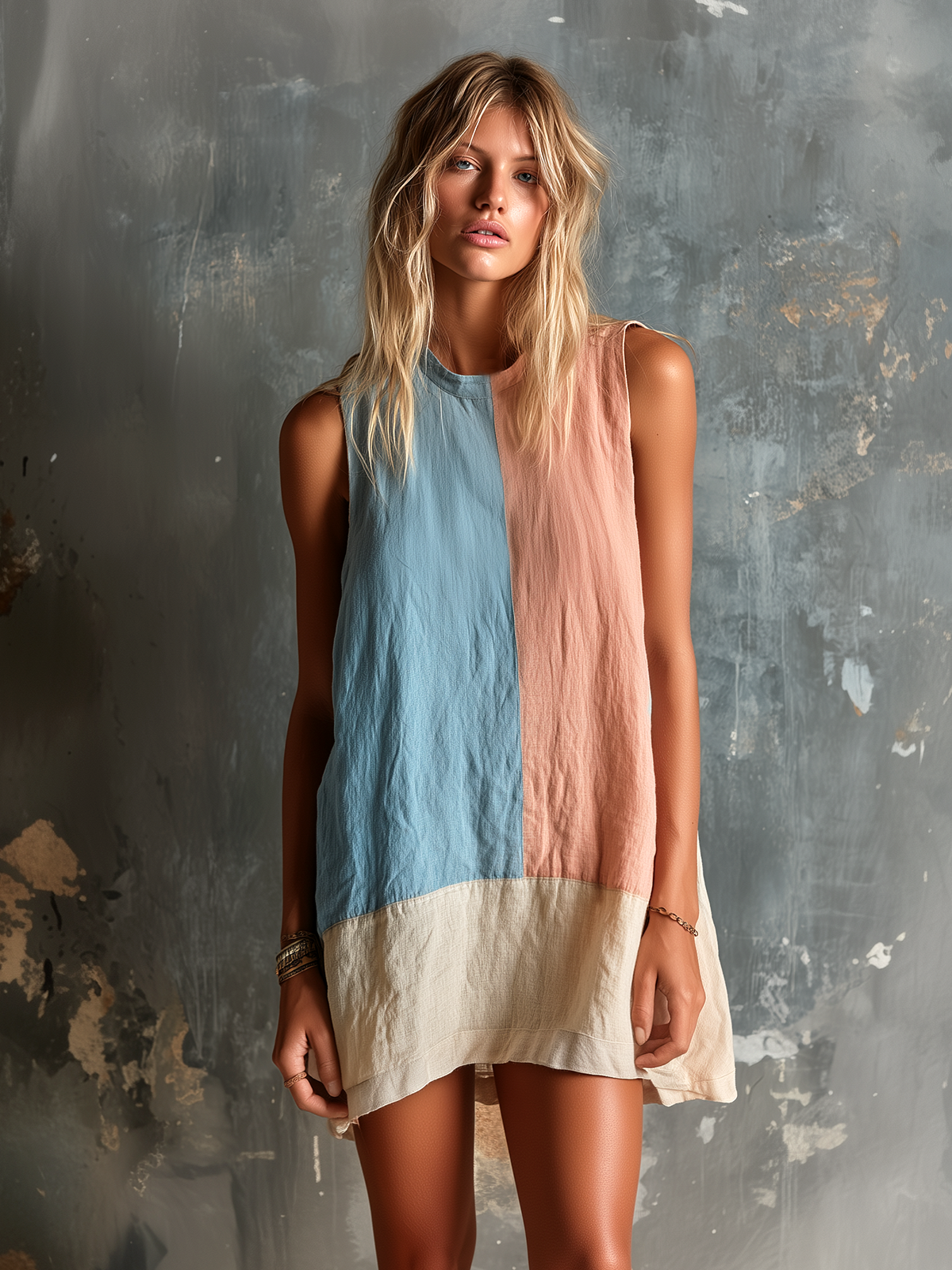 ElevenOra Chic Casual Pink-Blue Colorblock Round-Neck Sleeveless Loose-Fit Cotton-Linen Blend Mini Dress