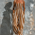 ElevenOra Chic Elegant Caramel-White Stripe Spaghetti-Strap Smocked Sleeveless Loose-Fit Cotton-Linen Blend Wide-Leg Jumpsuit