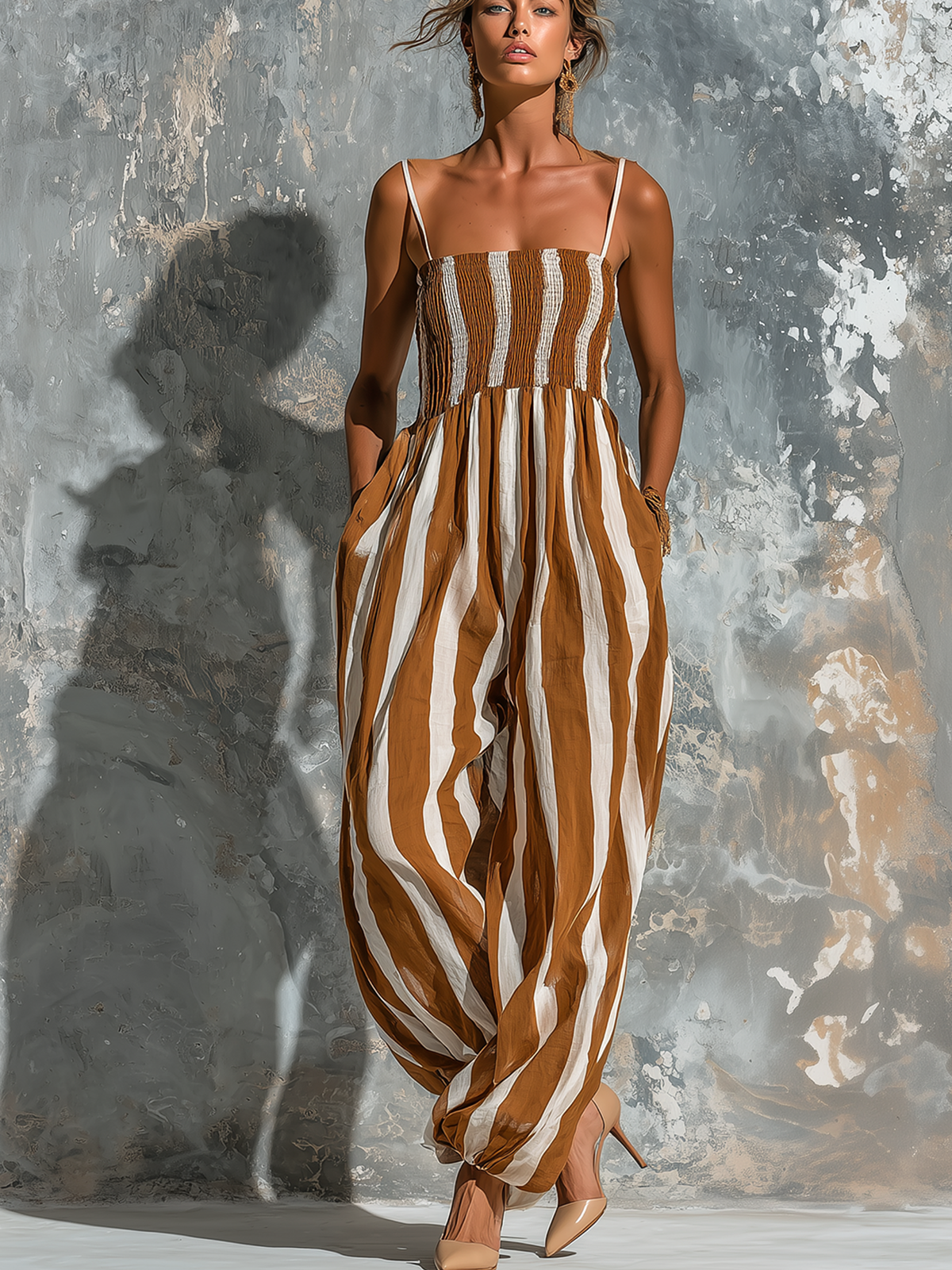 ElevenOra Chic Elegant Caramel-White Stripe Spaghetti-Strap Smocked Sleeveless Loose-Fit Cotton-Linen Blend Wide-Leg Jumpsuit