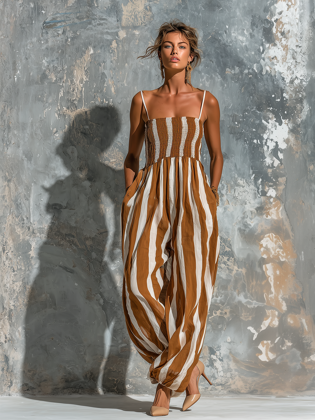 ElevenOra Chic Elegant Caramel-White Stripe Spaghetti-Strap Smocked Sleeveless Loose-Fit Cotton-Linen Blend Wide-Leg Jumpsuit