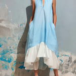 ElevenOra Chic Elegant Blue-White Colorblock Stand Collar V-Neck Asymmetrical Ruffle A-Line Cotton-Linen Blend Midi Dress