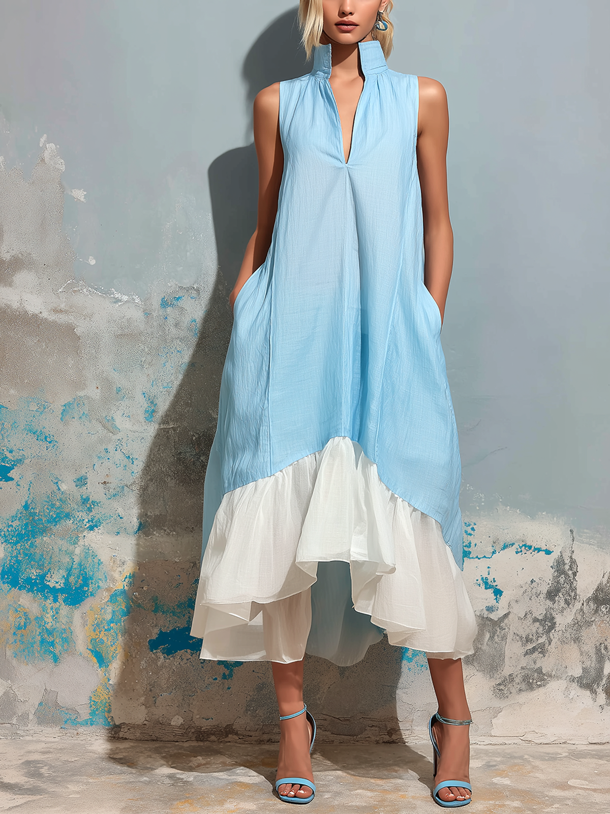 ElevenOra Chic Elegant Blue-White Colorblock Stand Collar V-Neck Asymmetrical Ruffle A-Line Cotton-Linen Blend Midi Dress