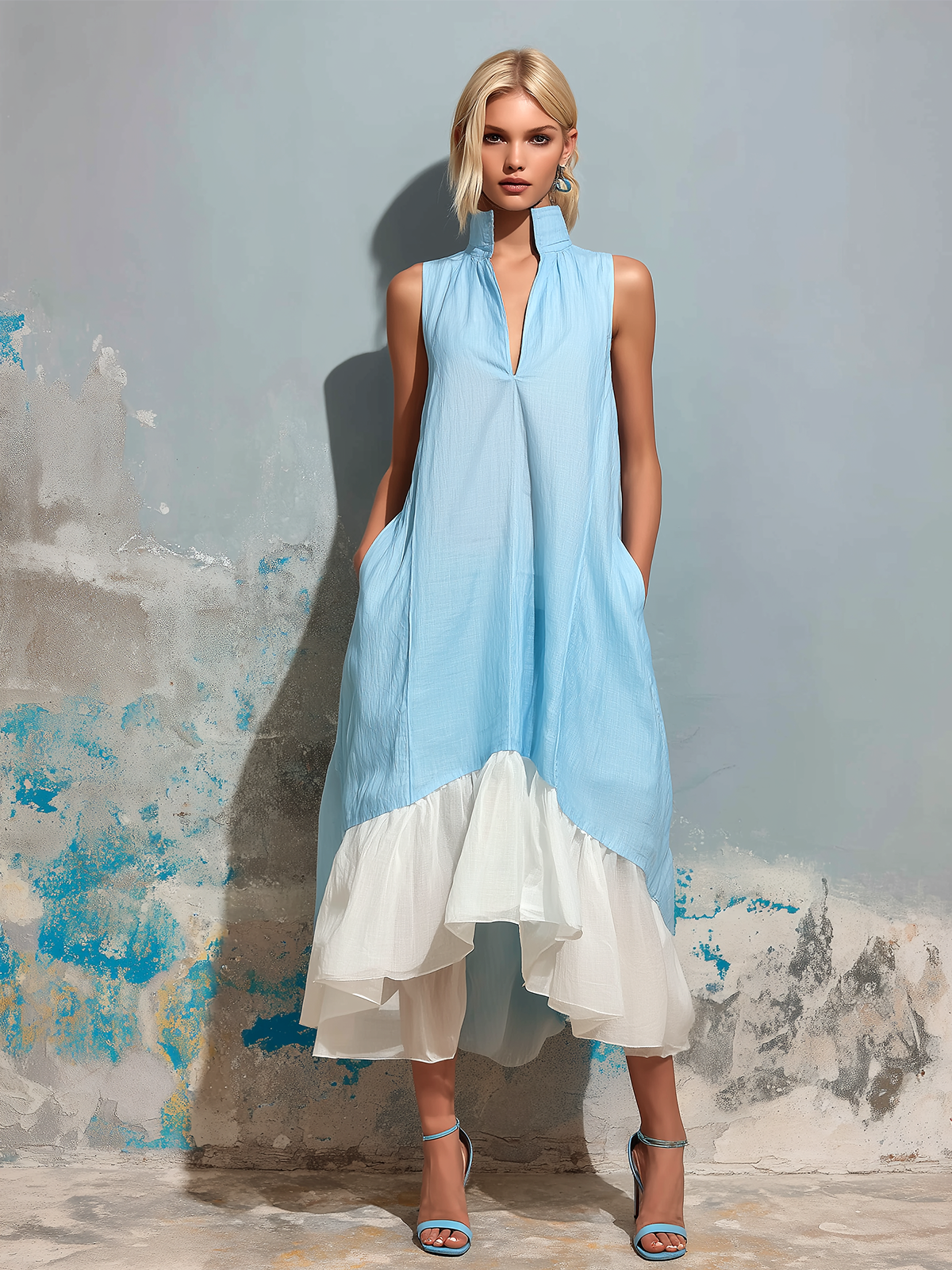 ElevenOra Chic Elegant Blue-White Colorblock Stand Collar V-Neck Asymmetrical Ruffle A-Line Cotton-Linen Blend Midi Dress