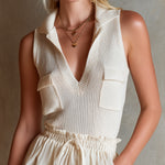 ElevenOra Chic Elegant Cream White Lapel V-Neck Sleeveless Flap Pockets Slim-Fit Breathable Knit Vest Top