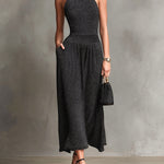 ElevenOra Chic Elegant Black Melange Halter-Neck Sleeveless Tailored-Waist Slim-Fit Knit Maxi Dress