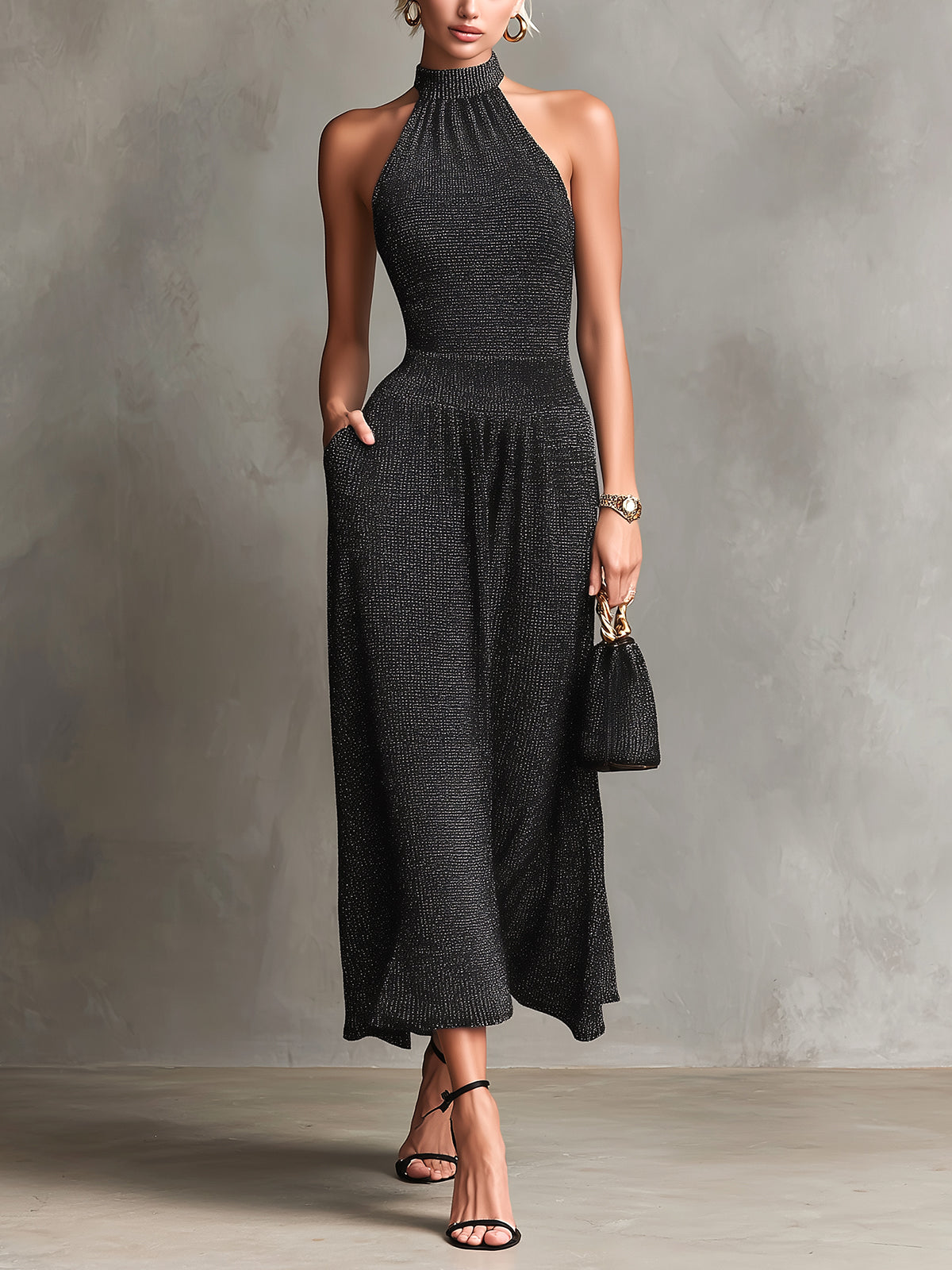 ElevenOra Chic Elegant Black Melange Halter-Neck Sleeveless Tailored-Waist Slim-Fit Knit Maxi Dress