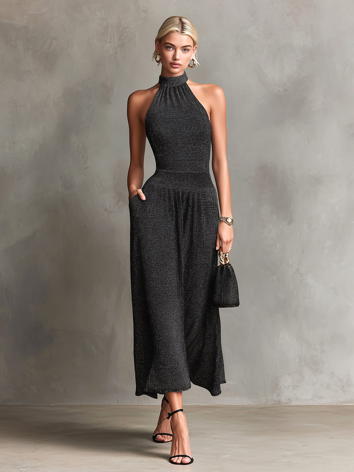 ElevenOra Chic Elegant Black Melange Halter-Neck Sleeveless Tailored-Waist Slim-Fit Knit Maxi Dress
