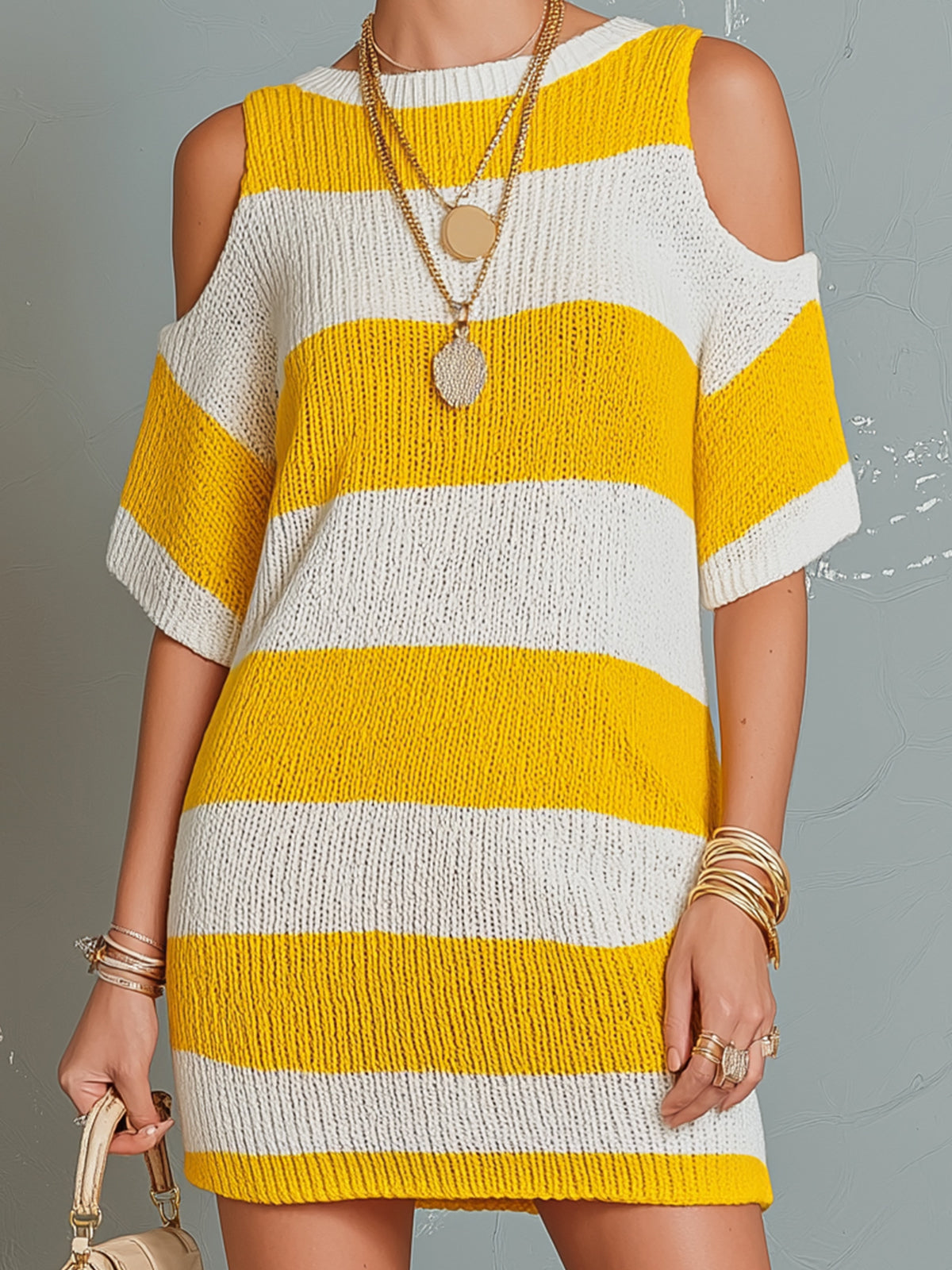 ElevenOra Chic Elegant Yellow-Beige Stripes Round-Neck Short-Sleeve Cutout Detail Loose-Fit Ribbed Knit Mini Dress