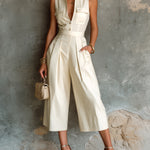 ElevenOra Chic Elegant Cream White Cotton Blend V-Neck Button-Front Chest Pockets Sleeveless Tailored-Waist Wide-Leg Cropped Jumpsuit