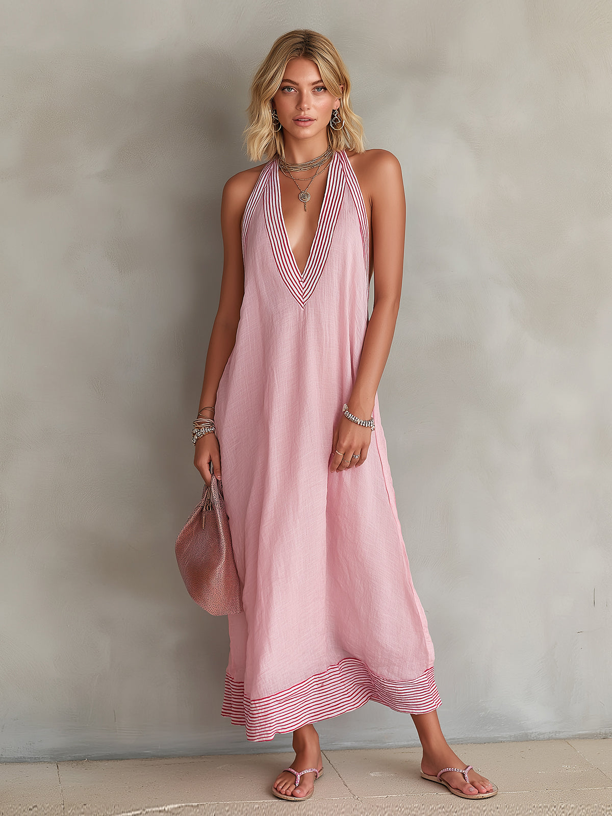 ElevenOra Chic Elegant Pink Stripes Cotton-Linen Blend Colorblock Deep V-Neck Oversize A-Line Maxi Dress