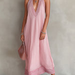 ElevenOra Chic Elegant Pink Stripes Cotton-Linen Blend Colorblock Deep V-Neck Oversize A-Line Maxi Dress