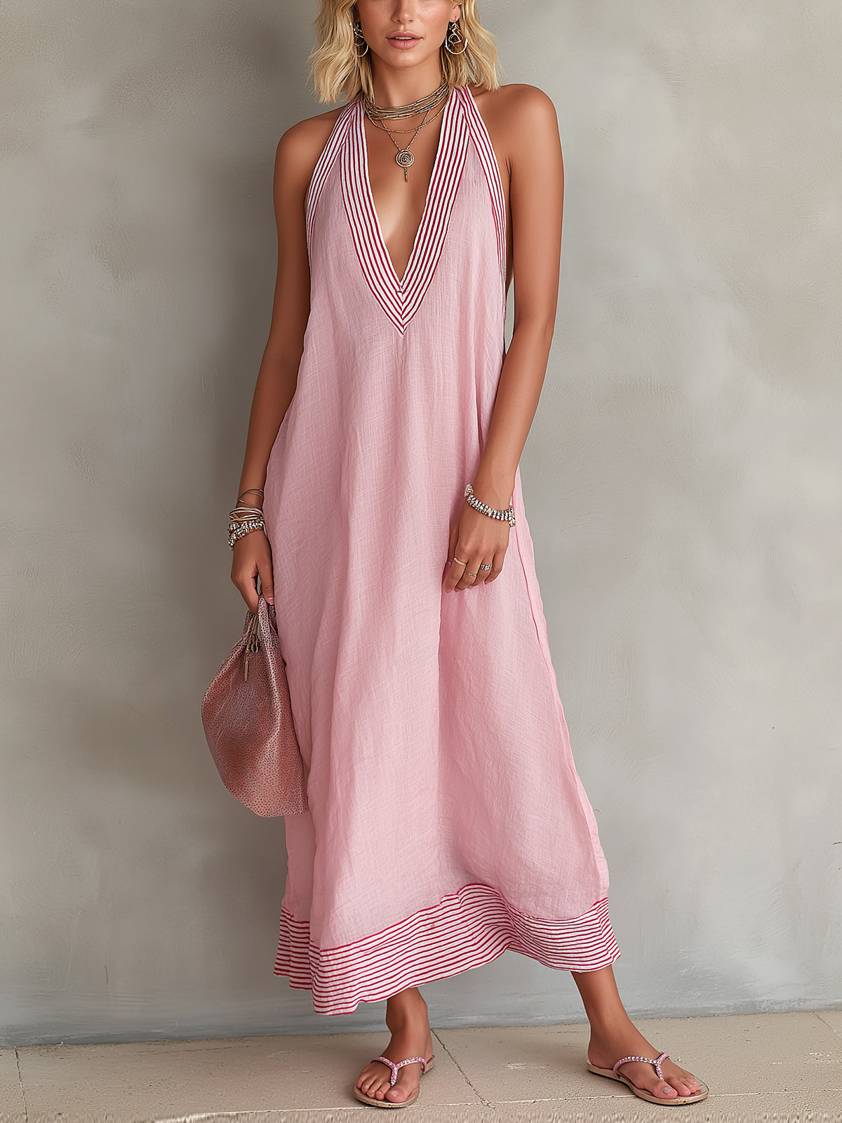 ElevenOra Chic Elegant Pink Stripes Cotton-Linen Blend Colorblock Deep V-Neck Oversize A-Line Maxi Dress