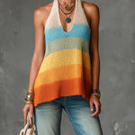 ElevenOra Chic Elegant Colorful Stripes Halter V-Neck Sleeveless A-Line Loose-Fit Knit Vest Top