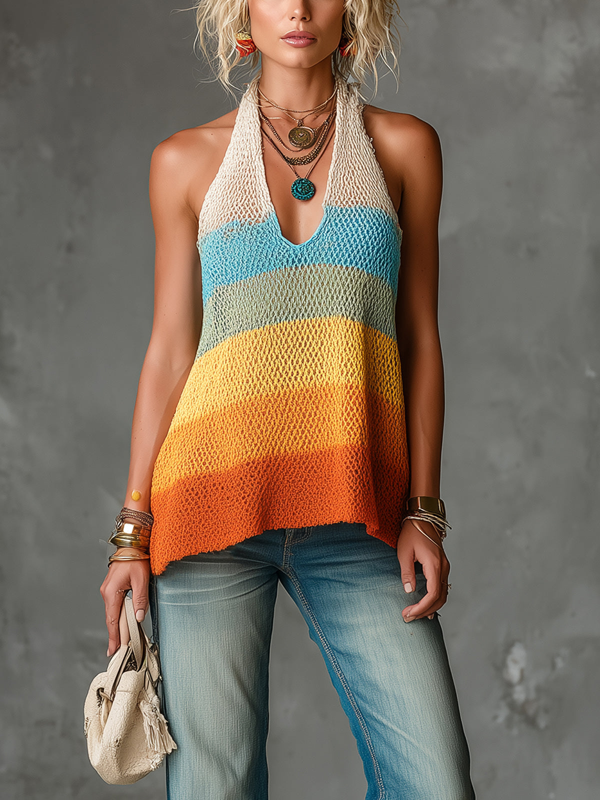 ElevenOra Chic Elegant Colorful Stripes Halter V-Neck Sleeveless A-Line Loose-Fit Knit Vest Top