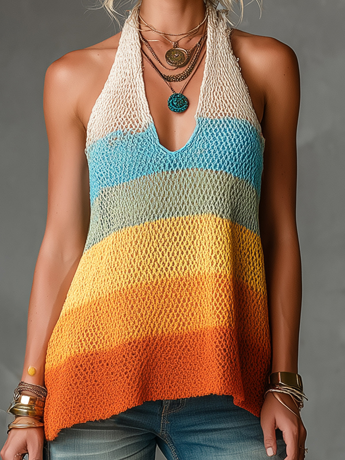ElevenOra Chic Elegant Colorful Stripes Halter V-Neck Sleeveless A-Line Loose-Fit Knit Vest Top
