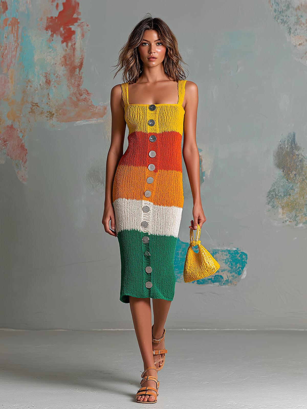 ElevenOra Chic Elegant Colorful Colorblock Spaghetti-Strap Square-Neck Button-Front Slim-Fit Ribbed Knit Midi Dress