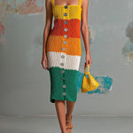 ElevenOra Chic Elegant Colorful Colorblock Spaghetti-Strap Square-Neck Button-Front Slim-Fit Ribbed Knit Midi Dress