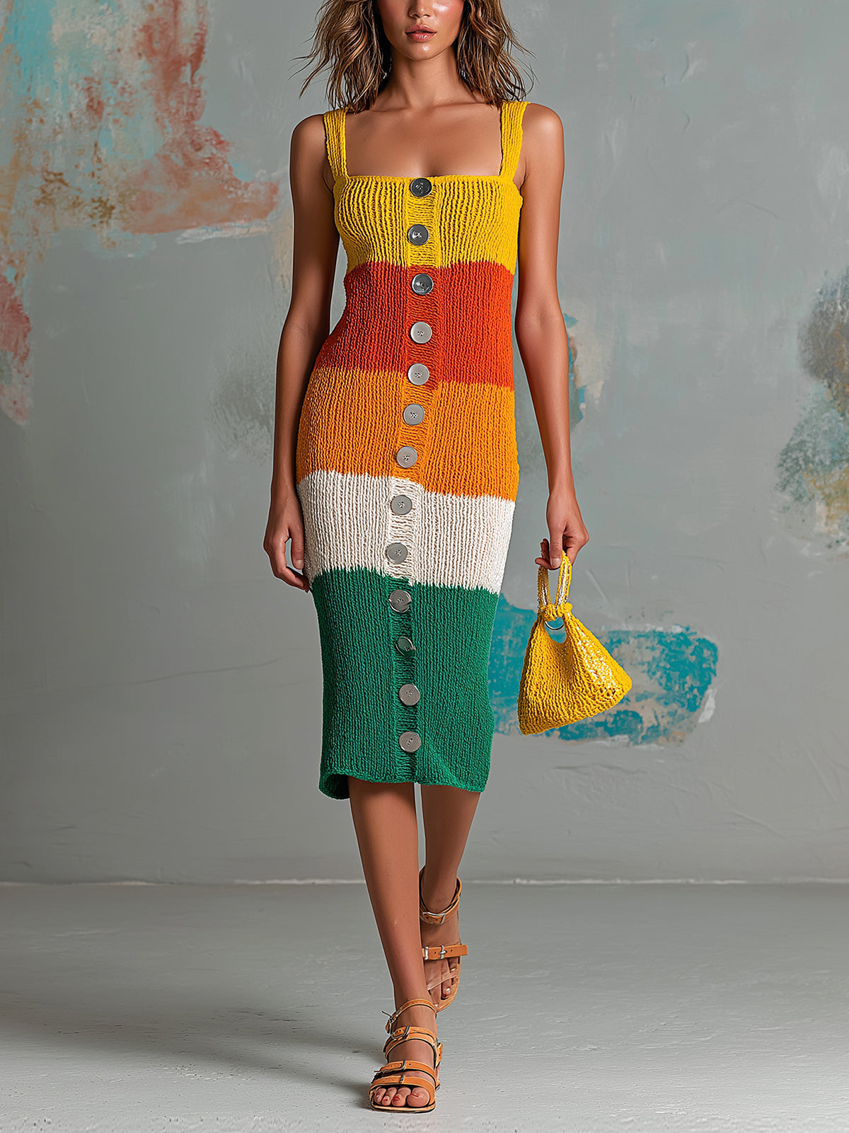 ElevenOra Chic Elegant Colorful Colorblock Spaghetti-Strap Square-Neck Button-Front Slim-Fit Ribbed Knit Midi Dress