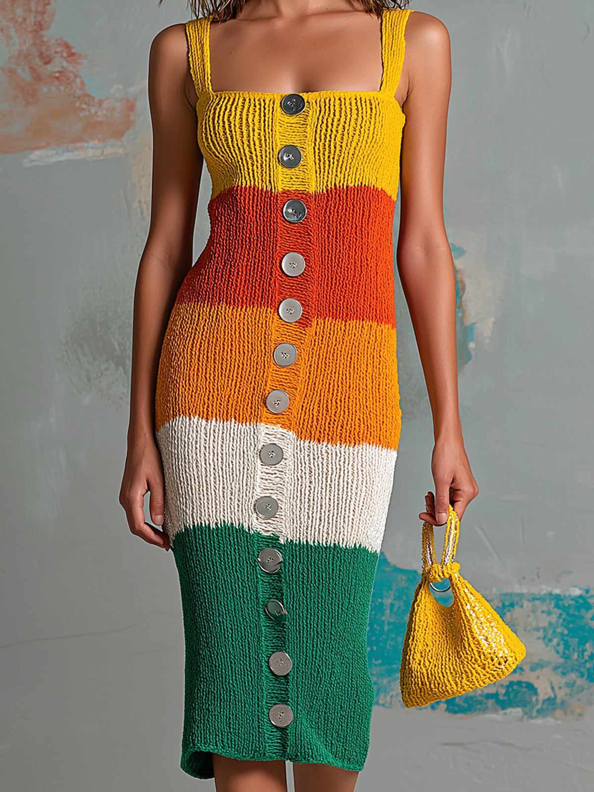 ElevenOra Chic Elegant Colorful Colorblock Spaghetti-Strap Square-Neck Button-Front Slim-Fit Ribbed Knit Midi Dress
